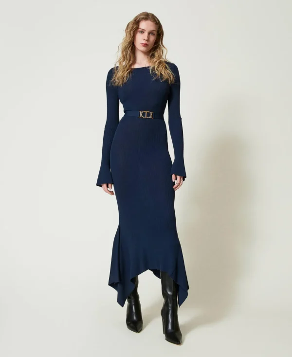 TWINSET Milano Elegante Kleider | Strickkleider^Midi-Strickkleid Mit Gürtel Und Volant Indigo