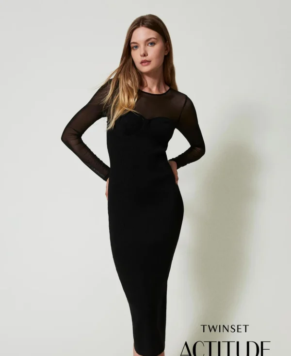 TWINSET Milano Elegante Kleider | Strickkleider^Midi-Strickkleid Mit Tüll Schwarz