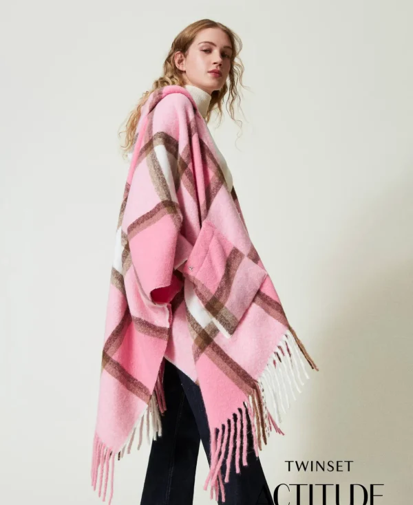 TWINSET Milano Ponchos^Poncho Aus Tuch Mit Fransen Multicolor-Karos „Crystal Pink“-Rosa