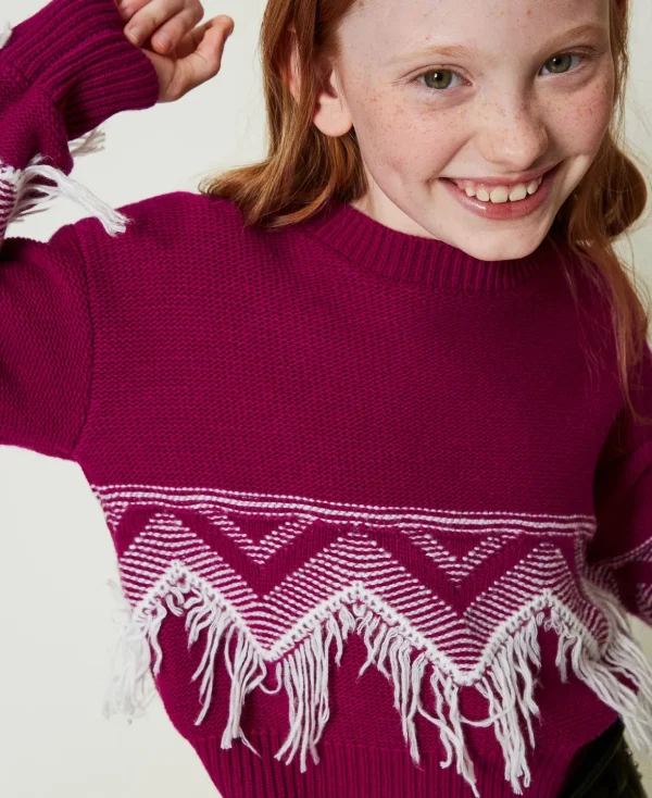 TWINSET Milano Pullover und Cardigans^Pullover Aus Wollmischung Mit Fransen Zweifarbig Magentaviolett / Off White
