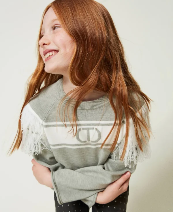 TWINSET Milano Pullover und Cardigans^Pullover Mit Oval T Aus Jacquard Und Fransen Zweifarbig „Frozen Fjord“-Azur / Off White