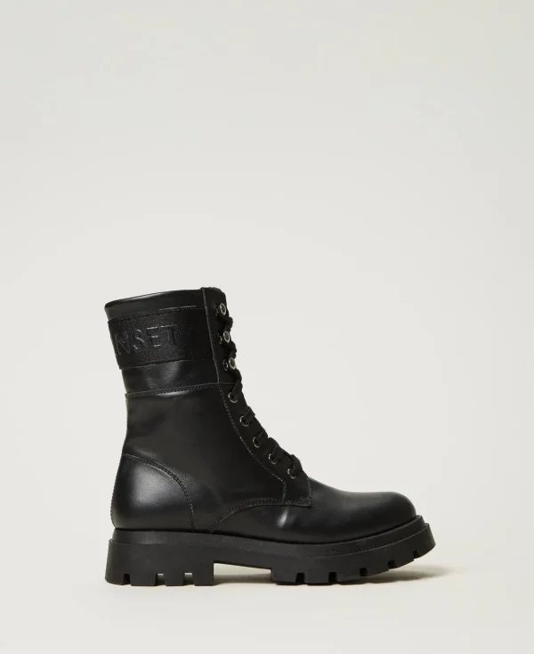 TWINSET Milano Schuhe^Schnürstiefelette Aus Leder Mit Logo Schwarz