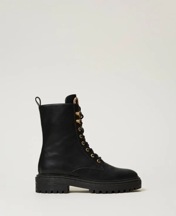 TWINSET Milano Stiefel und Stiefeletten | Flache Schuhe^Schnürstiefelette Mit „Oval T“ Aus Strass Schwarz
