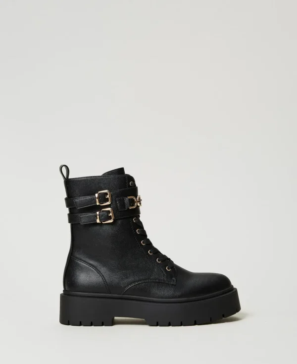 TWINSET Milano Stiefel und Stiefeletten | Combat-Boots^Schnürstiefelette Mit Schnallen Und „Oval T“-Ziertrense Schwarz