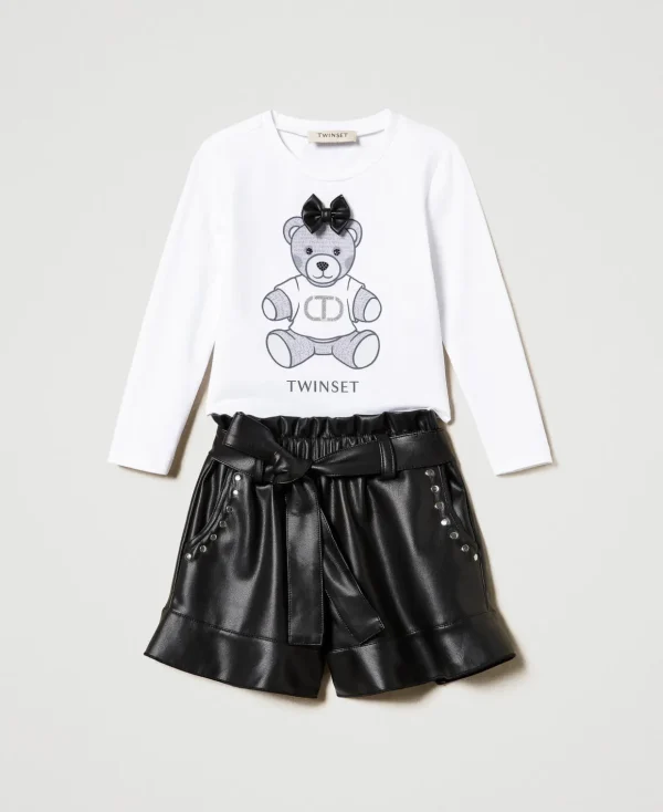 TWINSET Milano Hosen und Jeans | T-Shirts und Tops^Shirt Mit Print Und Volantshorts Zweifarbig Off White / Schwarz