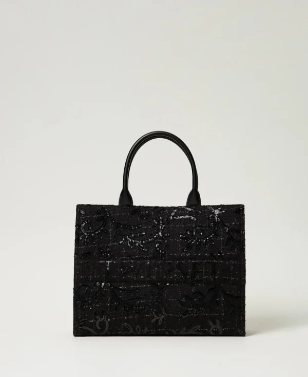 TWINSET Milano Schultertaschen | Shopper^Shopper „Victoria“ Mit Stickereien Und Logo Schwarz