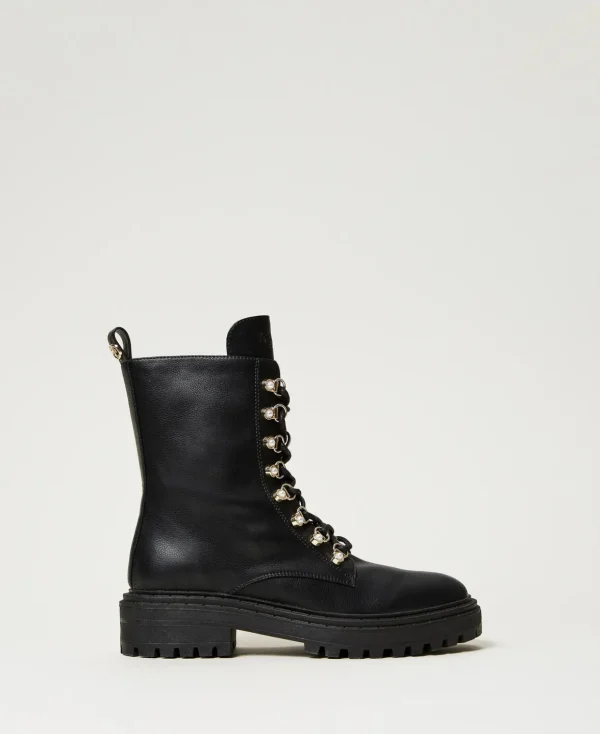 TWINSET Milano Stiefel und Stiefeletten | Combat-Boots^Stiefelette Mit Wanderschuhschnürung Mit Perlen Schwarz