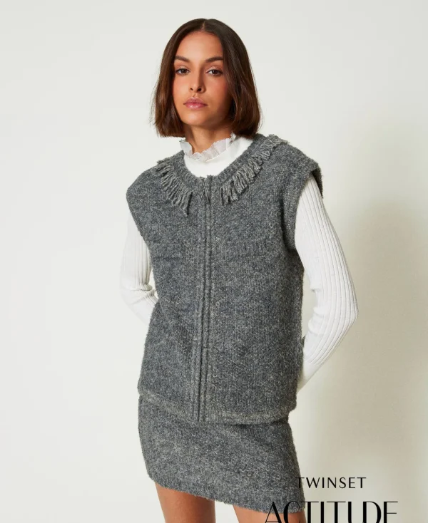TWINSET Milano Hosenanzüge und Kostüme | Jacken und Steppjacken^Strickweste Aus Recyceltem Bouclégarn Mittelgrau-Melange / Hellgoldenes Lurex