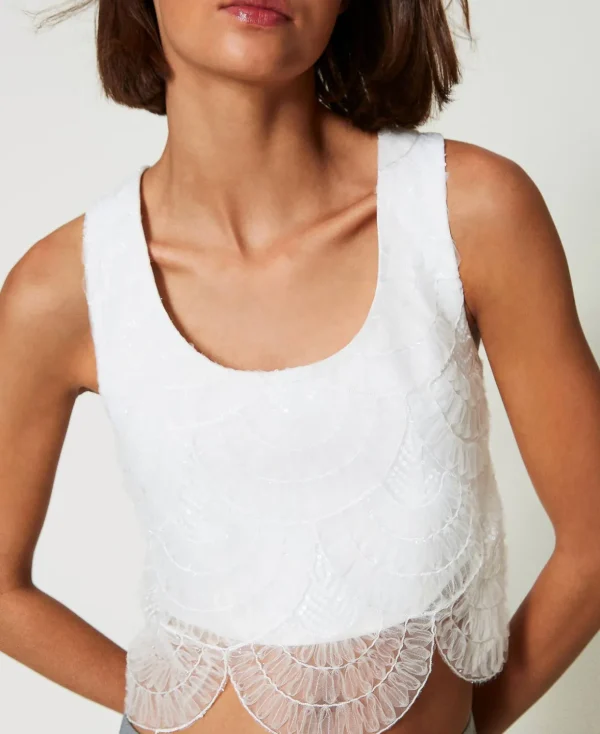 TWINSET Milano Hosenanzüge und Kostüme | T-Shirts und Tops^Top Aus Crêpe-Cady Und Besticktem Organza White Sahne