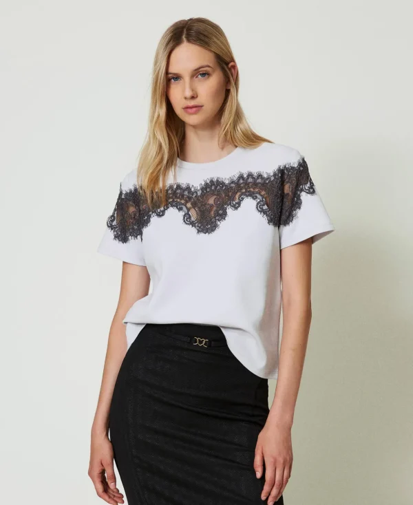 TWINSET Milano Hosenanzüge und Kostüme | T-Shirts und Tops^T-Shirt Im Regular-Fit Mit Spitzenintarsie Zweifarbig Silber / „Blackened Pearl“-Grau
