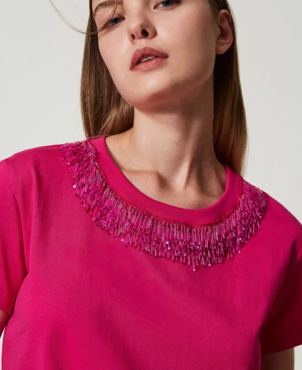 TWINSET Milano Hosenanzüge und Kostüme | T-Shirts und Tops^T-Shirt Mit Aufgestickten Fransen Super Pink
