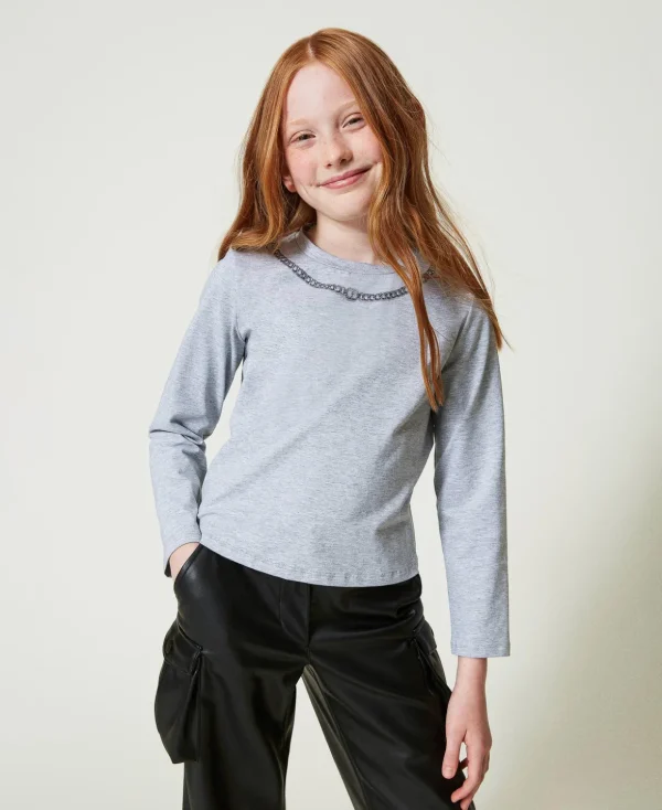 TWINSET Milano T-Shirts und Tops^T-Shirt Mit Halskettenprint Und Strass Mittelgrau-Melange Hell