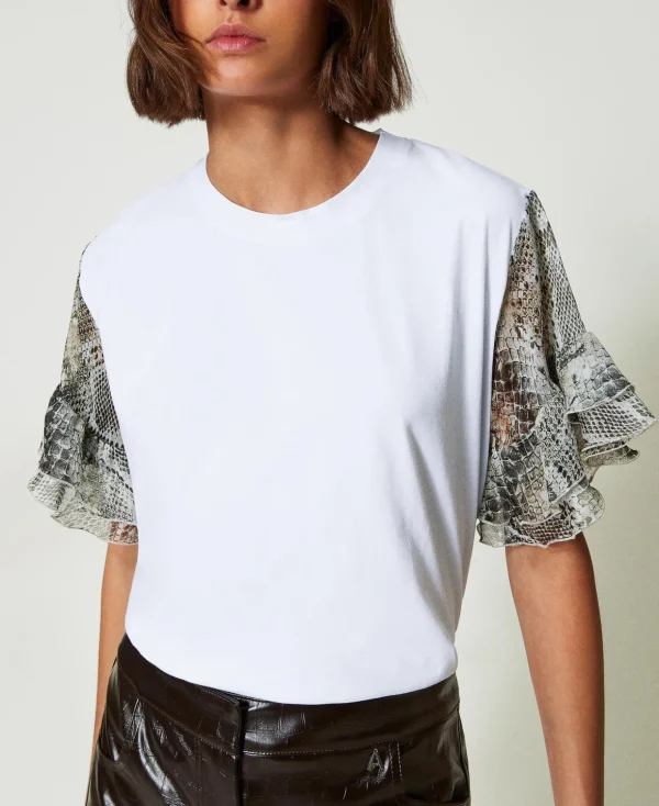 TWINSET Milano T-Shirts und Tops^T-Shirt Mit Schlangenprint An Den Ärmeln Zweifarbig „Papers“-Weiß / Print Soft Snake