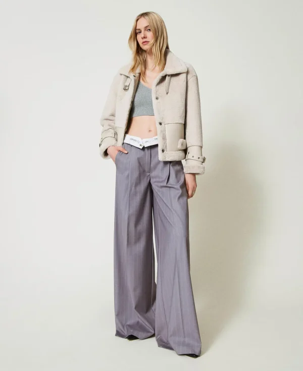 TWINSET Milano Elegante Hosen | Weite Hosen und Palazzohosen^Wide-Leg-Hose Mit Nadelstreifen Und Umschlag Grau-Melange Nadelstreifen Schneeweiß